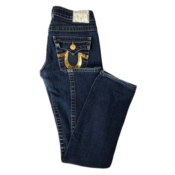 True Religion World Tour Billy Womens 26x29 Blue Denim Jeans Straight Gold Hem - Picture 1 of 9